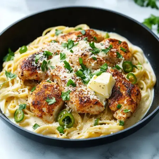 Un plat de pâtes crémeuses avec du poulet doré, du fromage parmesan, des tranches de jalapeño et de la coriandre, le tout garni de beurre.