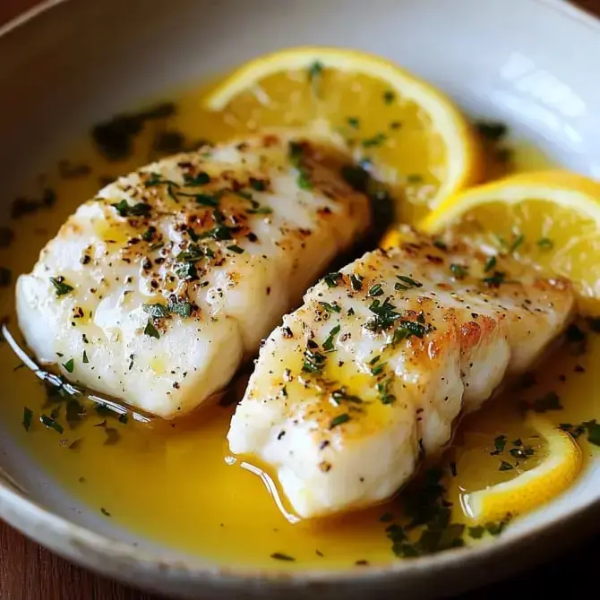 Deux filet de poisson doré, garnis de persil, présentés dans une assiette avec des tranches de citron.