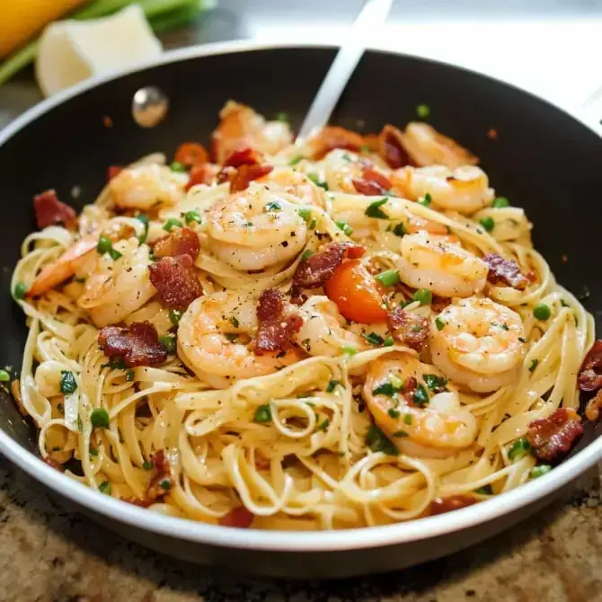 Un plat de pâtes avec des crevettes, du bacon croustillant et des herbes, servi dans une poêle.