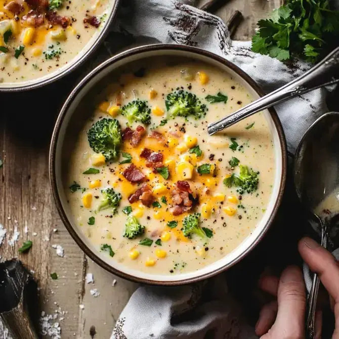 Une soupe crémeuse avec du maïs, des brocolis, du bacon et du fromage, servie dans un bol en céramique.