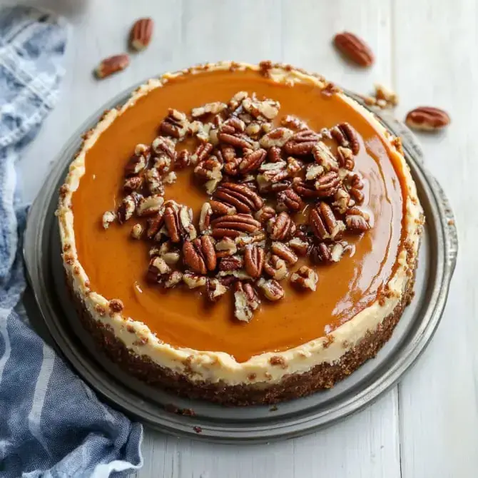 Gâteau au fromage avec un coulis de caramel et des noix de pécan sur le dessus.