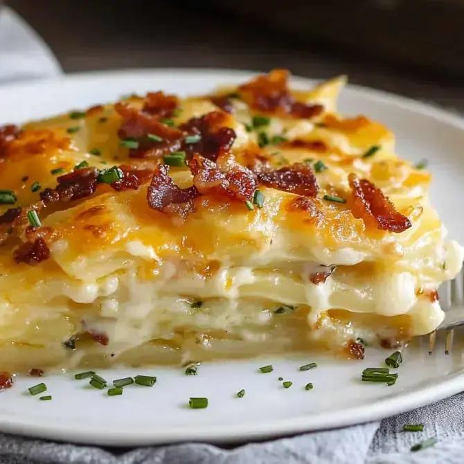 Un plat de lasagne crémeuse, garni de bacon croustillant et de ciboulette, servi sur une assiette blanche.