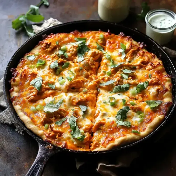 Une pizza garnie de poulet, de fromage, de coriandre et de ciboulette, présentée dans une poêle en fonte.