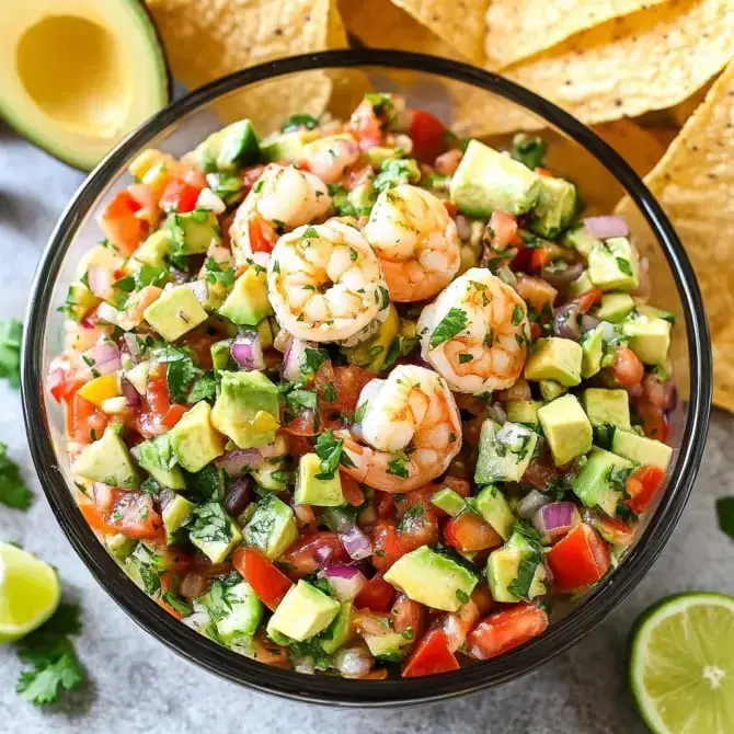 Salade de crevettes avec avocat, tomates et coriandre, accompagnée de chips tortilla.