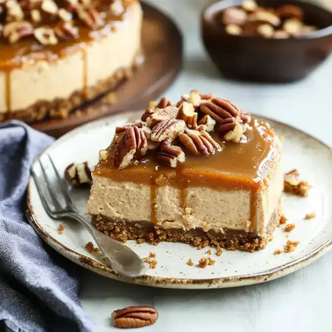 Un morceau de cheesecake à la noix de pécan, garni de caramel et de noix, est présenté sur une assiette avec une fourchette à côté.