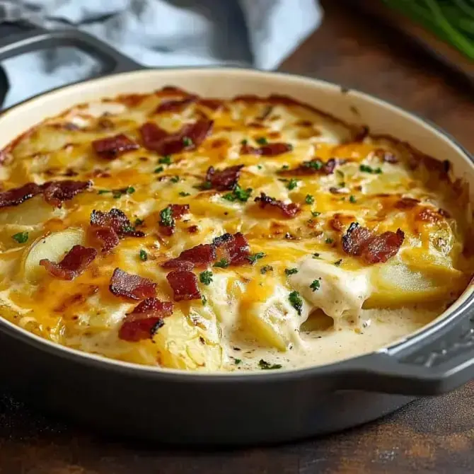 Un plat de pommes de terre gratinées au fromage et au bacon, doré et crémeux, servi dans un plat en céramique.