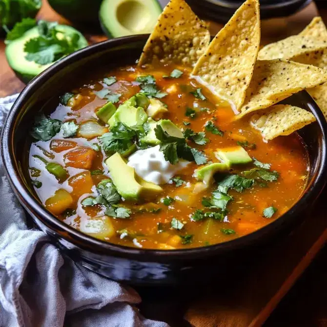 Une soupe aux légumes garnie d'avocat, de coriandre et de chips de tortilla, servie dans un bol noir.