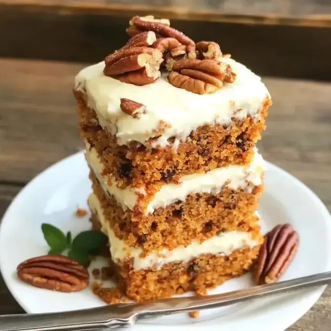 Gâteau à trois couches avec glaçage crémeux et noix de pécan sur le dessus, servi sur une assiette blanche.