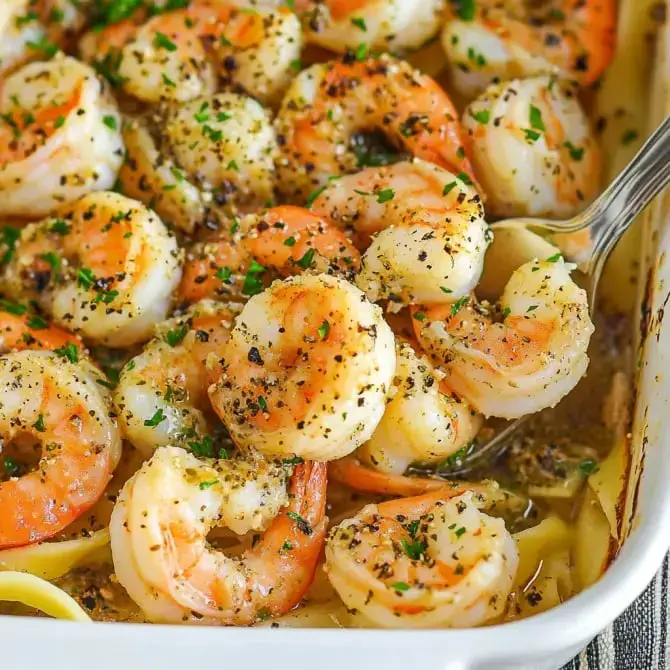 Des crevettes cuites assaisonnées avec des herbes, servies dans un plat avec des morceaux de citron.