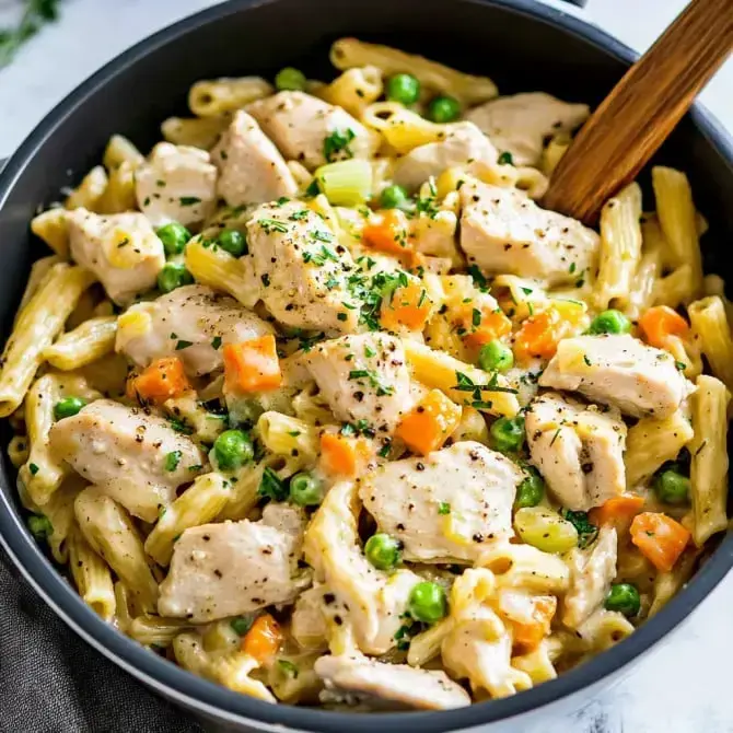 Un plat de pâtes crémeuses avec des morceaux de poulet, des petits pois, des carottes et du céleri, servi dans un bol noir.