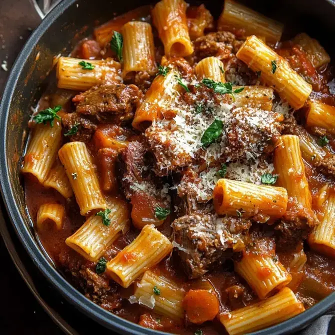 Un plat de pâtes rigatoni avec de la viande, des légumes et du fromage râpé, le tout saucé dans une sauce tomate riche.