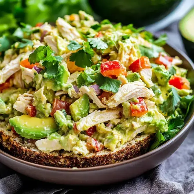 Une tartine garnie de poulet, avocat, légumes hachés et coriandre.