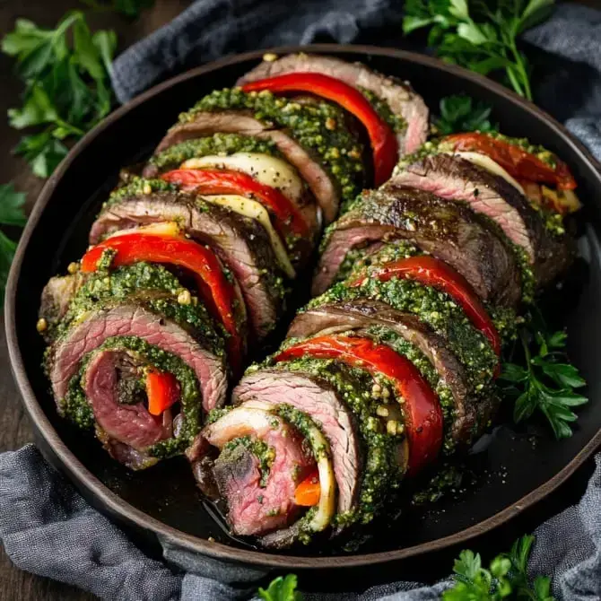 Un plat de viande enroulée, garnie de pesto, poivrons rouges et oignons, présentée en tranches sur un plat sombre.