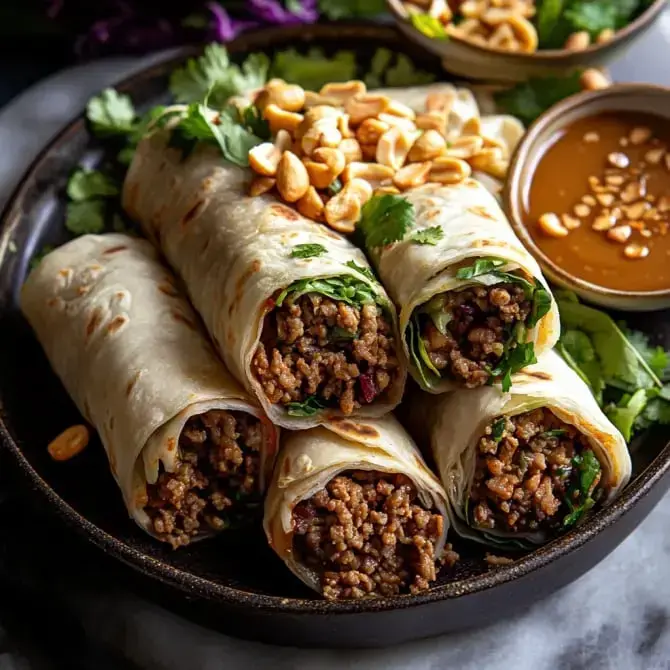 Quatre rouleaux garnis de viande hachée, de légumes et de coriandre, accompagnés de cacahuètes et d'une sauce dans un plat.