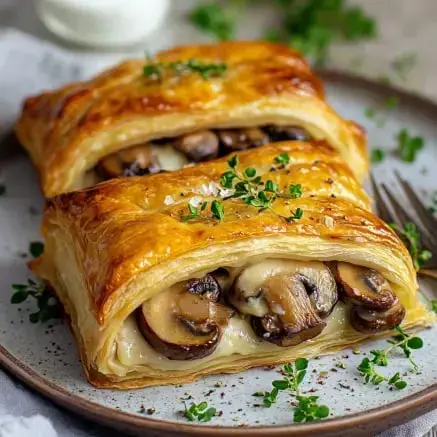 Deux feuilletés dorés fourrés aux champignons et au fromage, présentés sur une assiette avec quelques herbes fraîches.