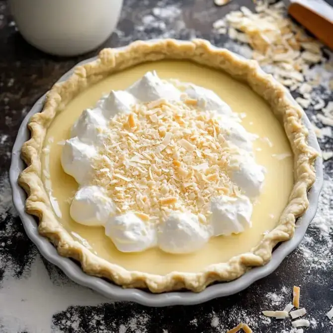 Tarte à la crème garnie de crème fouettée et de noix de coco râpée dans une croûte dorée.