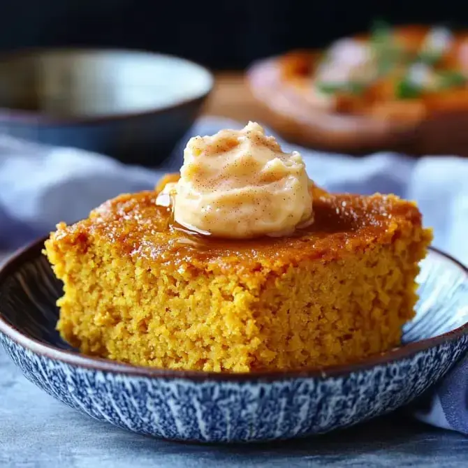 Un morceau de gâteau à la citrouille, garni de crème, est présenté dans une assiette décorative.