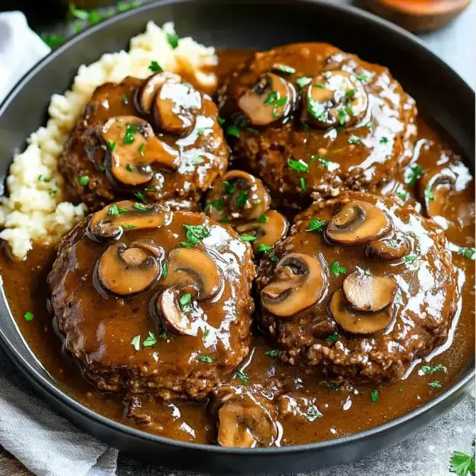 Un plat de hamburgers sur un lit de purée de pommes de terre, garnis de champignons et nappés d'une sauce brune.