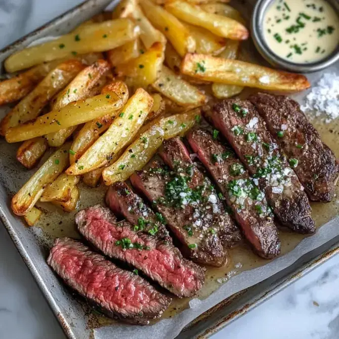 Un plateau de steak grillé tranché, accompagné de frites dorées et d'une sauce dans un petit bol.