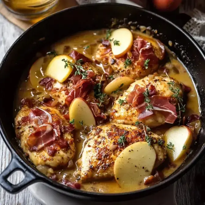 Plat de poulet cuit avec des pommes de terre, du jambon et des herbes dans une sauce dorée.