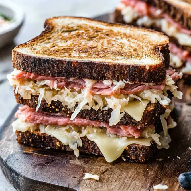 Un sandwich grillé à plusieurs couches, garni de viande, de choucroute et de fromage, reposant sur une planche en bois.