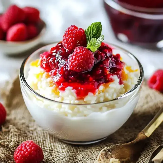 Un bol de riz au lait garnie de framboises fraîches et de coulis de fruits rouges, accompagné de quelques framboises sur le côté.