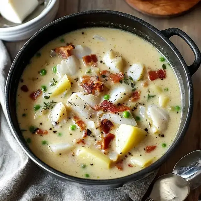 Un bol de soupe crémeuse contenant des morceaux de poisson, des pommes de terre, des petits pois et des morceaux de bacon.