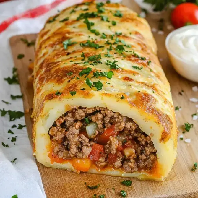 Un rôti de pommes de terre farci à la viande hachée et aux légumes, garni de persil, présenté sur une planche en bois.