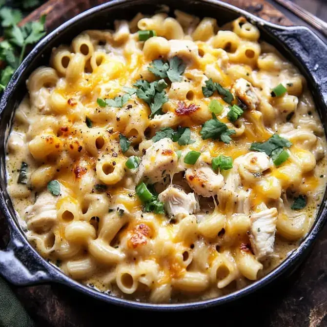 Un plat de macaroni au fromage crémeux avec des morceaux de poulet, garni de fromage fondu et de coriandre.