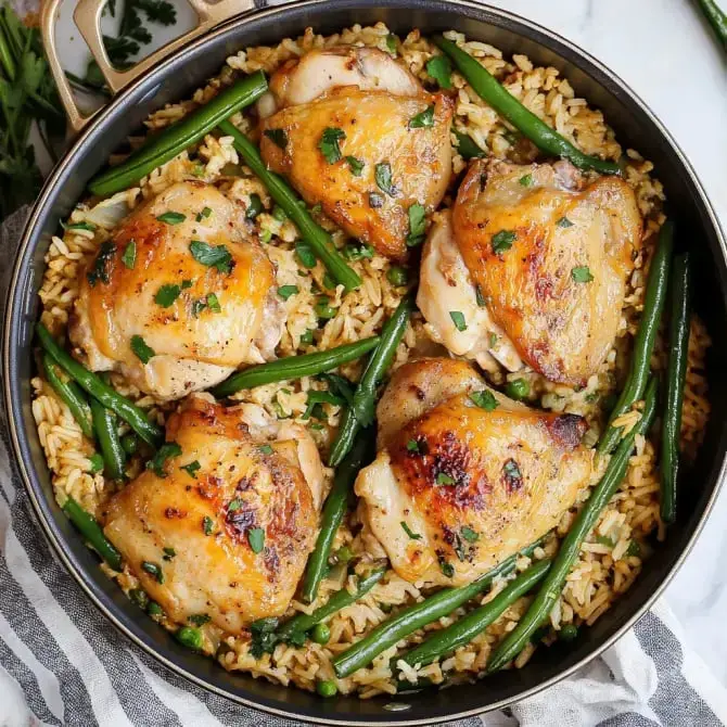 Plat de poulet rôti sur du riz avec des haricots verts et de la coriandre, présenté dans une poêle.