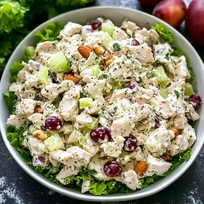 Salade de poulet crémeuse avec des raisins, des amandes et du céleri servie dans un plat sur un lit de laitue.