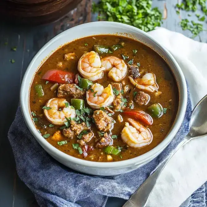 Bol de soupe épicée avec des crevettes, de la viande hachée et des légumes colorés, garni de coriandre fraîche.