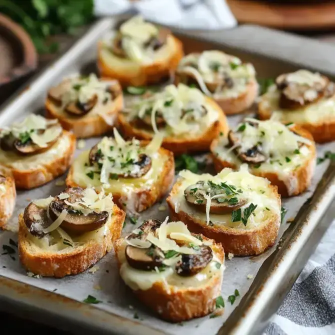 Des tranches de pain croûté garnies de fromage, de champignons et de fines herbes, sur une plaque de cuisson.