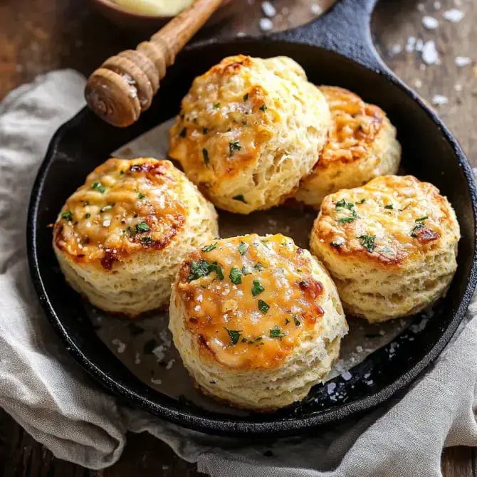 Des biscuits dorés au fromage et garnis de persil frais, servis dans une poêle en fonte.