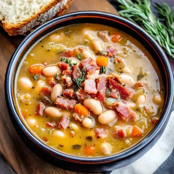 Une délicieuse soupe de haricots blancs avec des morceaux de bacon et des carottes, servie dans un bol noir avec une tranche de pain à côté.