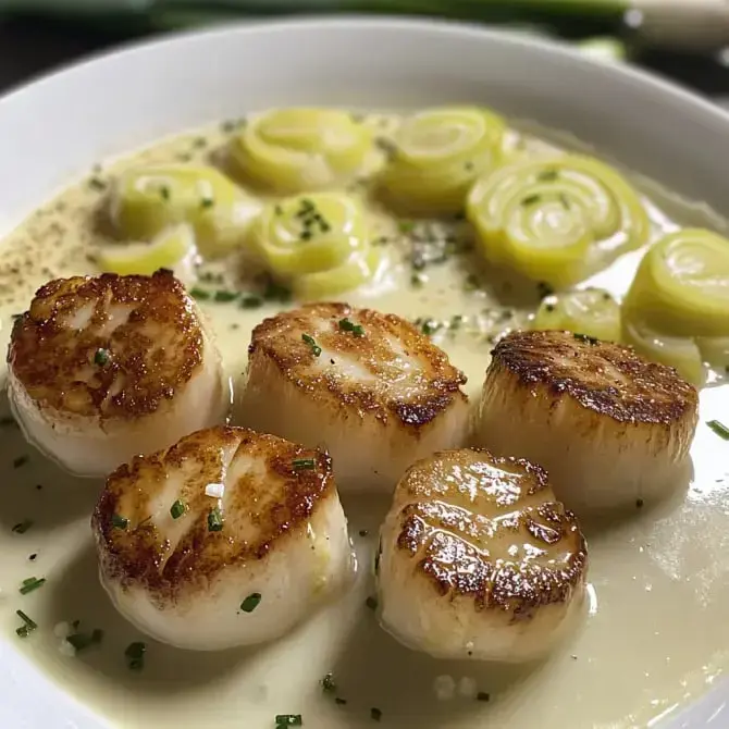 Un plat de coquilles Saint-Jacques dorées accompagné de poireaux dans une sauce crémeuse.