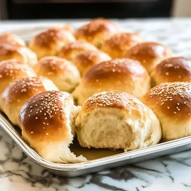 Un plateau de petits pains dorés saupoudrés de sésame, avec l'un d'eux coupé en deux pour montrer son intérieur moelleux.