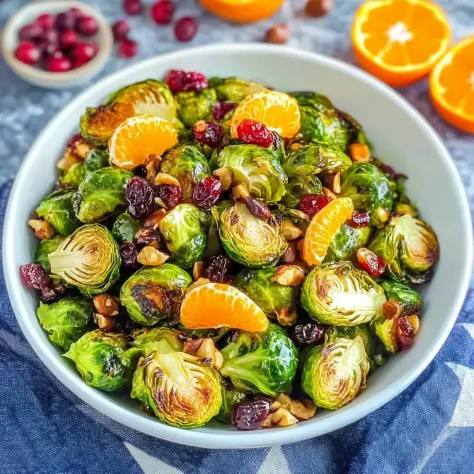 Salade de choux de Bruxelles garnie de noix, de canneberges et d'orange dans un bol blanc.