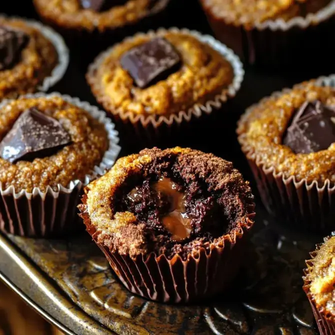 Des muffins au chocolat avec un cœur fondant, garnis de morceaux de chocolat sur le dessus.