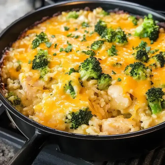 Un plat de riz au poulet, brocoli et fromage cheddar fondu, cuit dans une poêle en fonte.