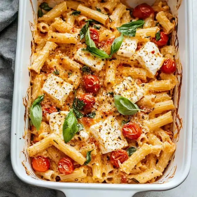 Plat de pâtes au four avec des tomates cerises, des morceaux de fromage et des feuilles de basilic.