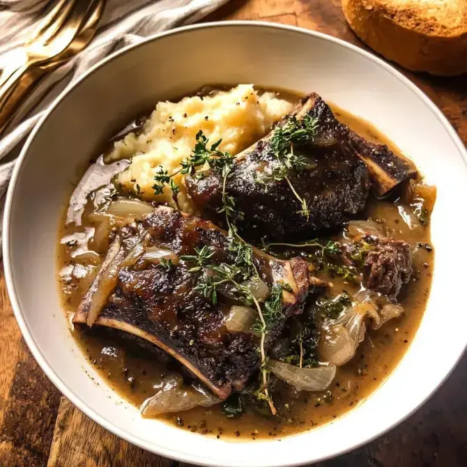 Un plat de côtes levées braisées servi avec de la purée de pommes de terre et garni de thym.