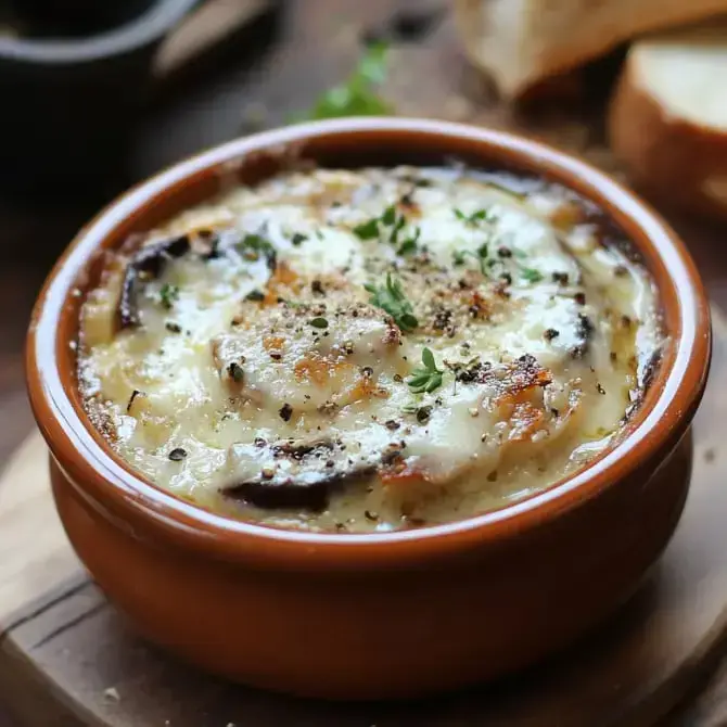 Un plat gratiné contenant des couches de pommes de terre, de fromage et des herbes, servi dans un bol en terre cuite.