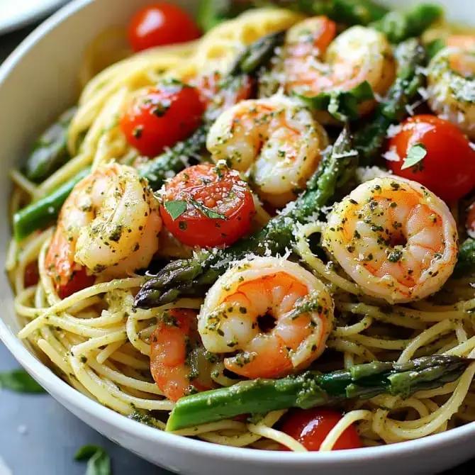 Pâtes aux crevettes, tomates cerises et asperges, assaisonnées de pesto et de parmesan.