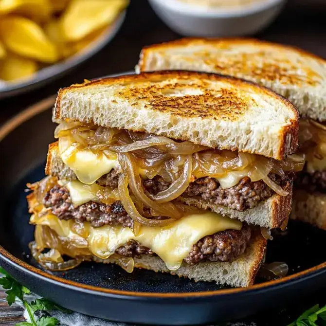 Un sandwich chaud avec de la viande hachée, du fromage fondant et des oignons caramélisés, servi entre deux tranches de pain grillé.