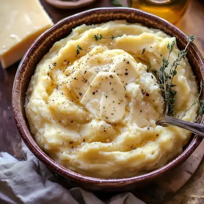 Un bol de purée de pommes de terre crémeuse garni de beurre, de poivre et de thym frais.