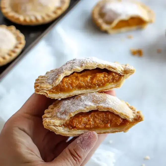 Une main tient deux pâtisseries fourrées à la citrouille, saupoudrées de sucre, avec d'autres pâtisseries en arrière-plan.