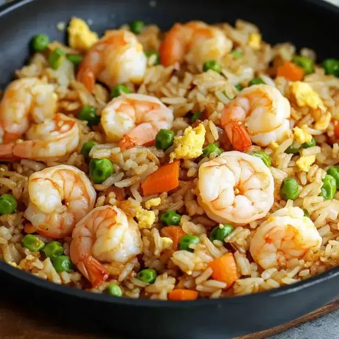 Un plat de riz parfumé aux crevettes, avec des petits pois, des morceaux de carottes et des œufs brouillés.