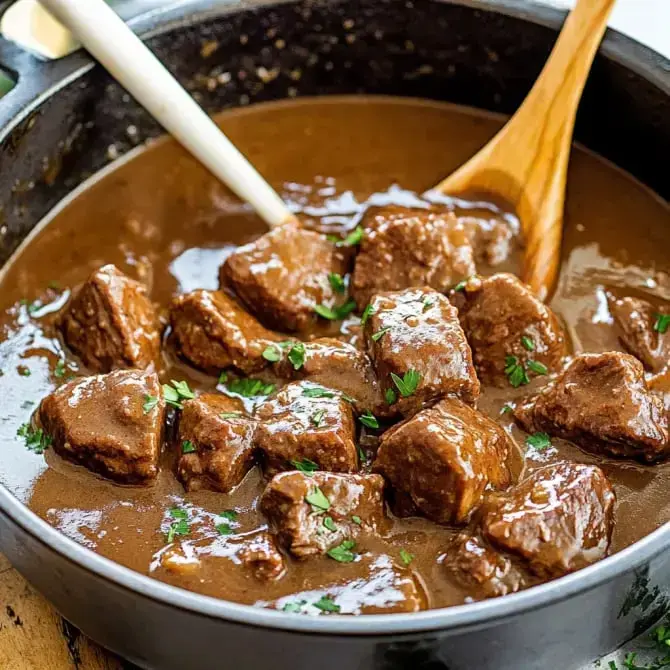 Un plat de boeuf mijoté dans une sauce brune, garni de persil, avec une cuillère en bois à côté.