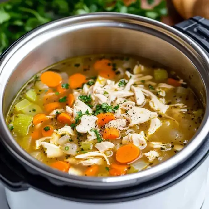 Une soupe de poulet avec des morceaux de poulet, des carottes et du céleri dans une marmite.